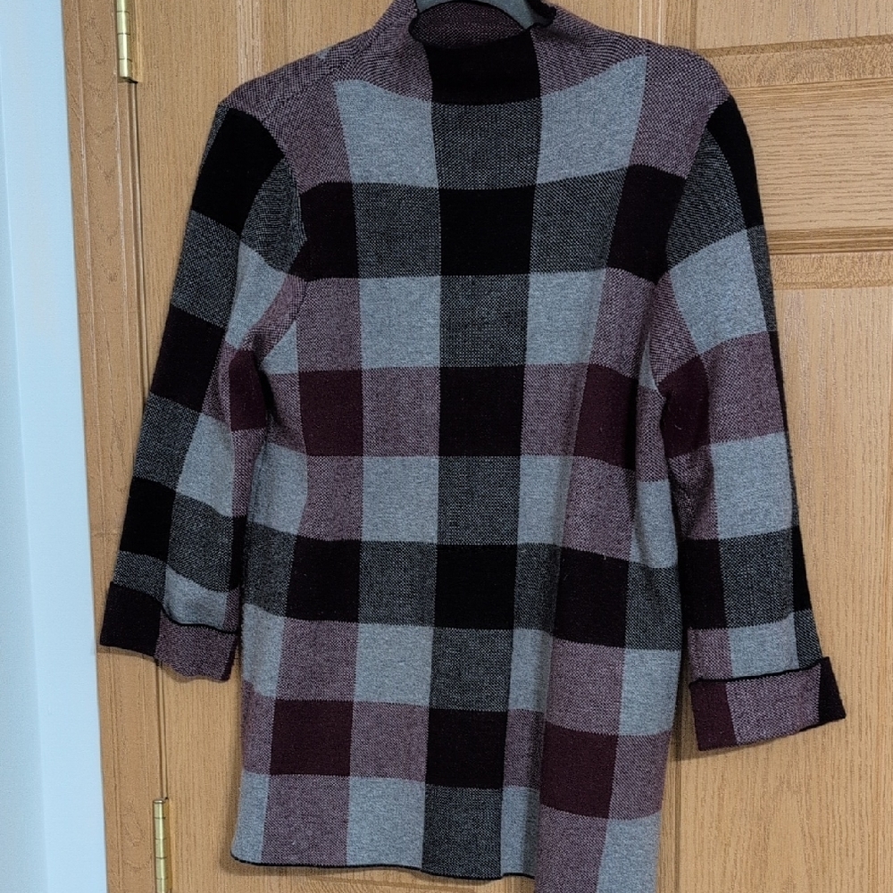Plaid Mock Neck Women's Sweater in Gray and Plum. TAHARI